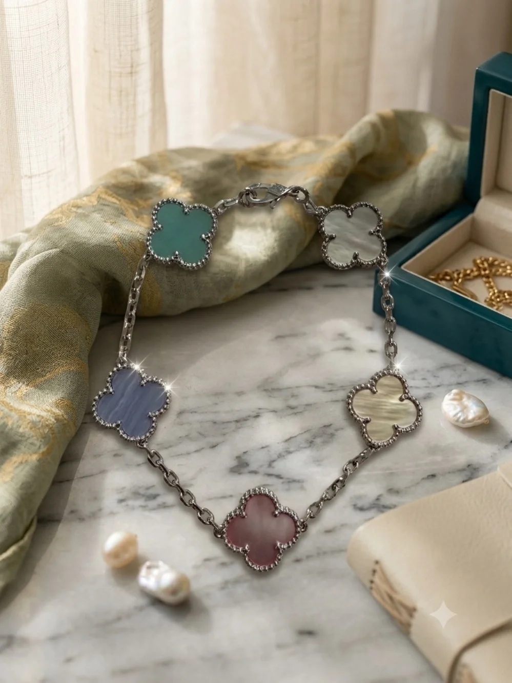 Silver Multicolor Clover Station Bracelet | Pastel Mother-of-Pearl Style